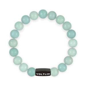 Top view of a 10mm Smooth Amazonite crystal beaded stretch bracelet with black stainless steel logo bead made by Voltlin