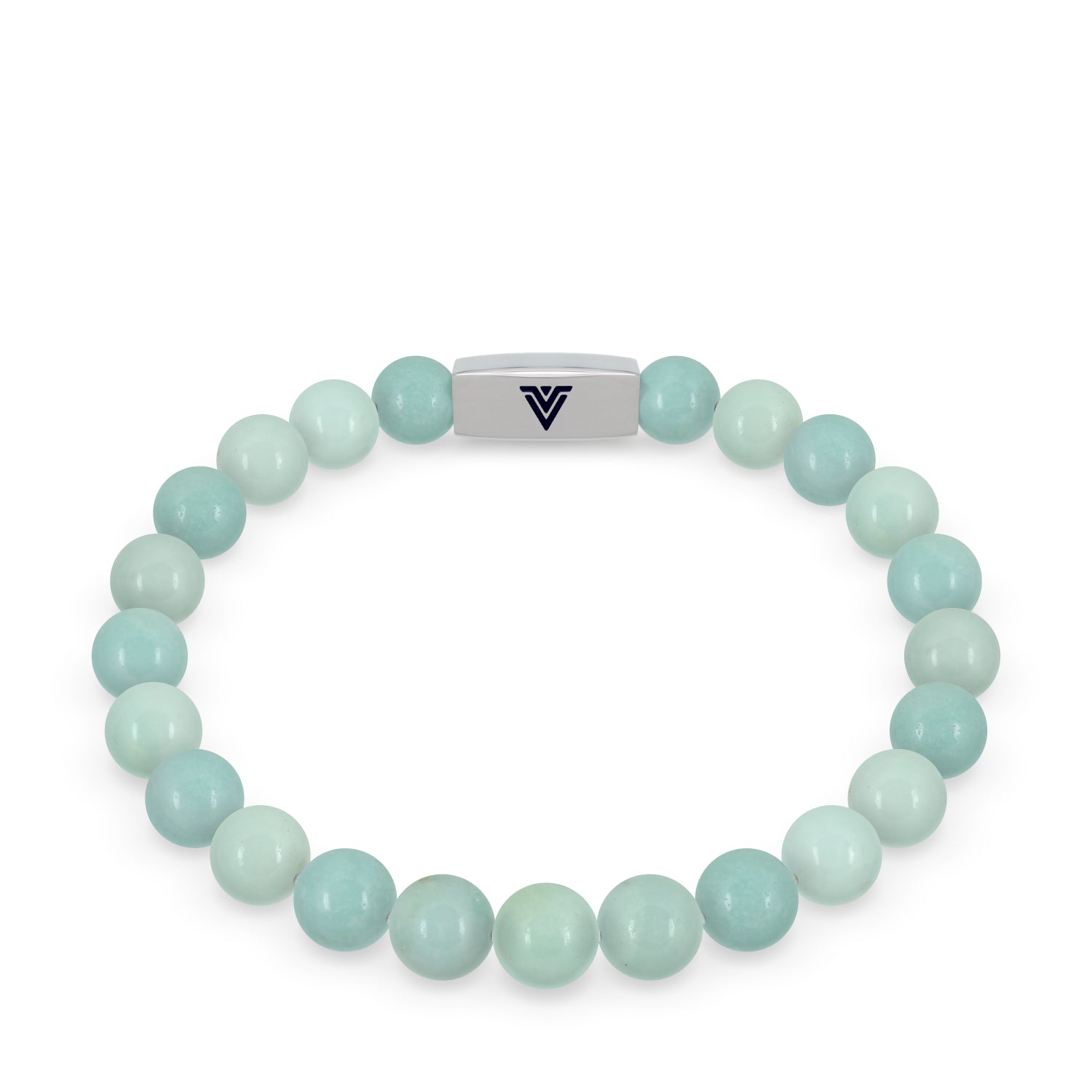 Front view of an 8mm Smooth Amazonite beaded stretch bracelet with silver stainless steel logo bead made by Voltlin