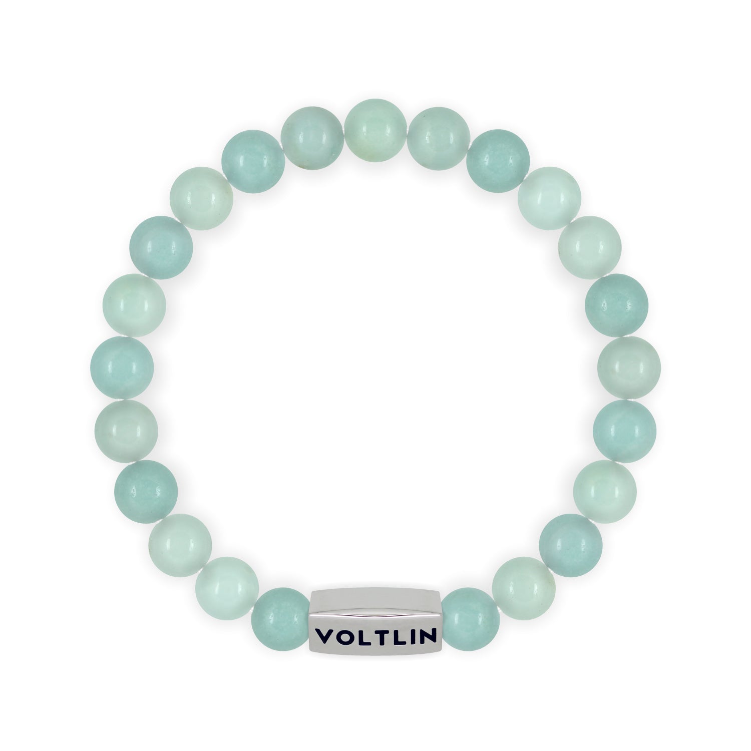 Top view of an 8 mm Smooth Amazonite beaded stretch bracelet with silver stainless steel logo bead made by Voltlin