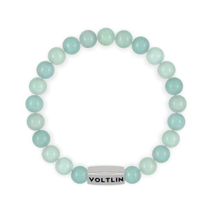 Top view of an 8 mm Smooth Amazonite beaded stretch bracelet with silver stainless steel logo bead made by Voltlin