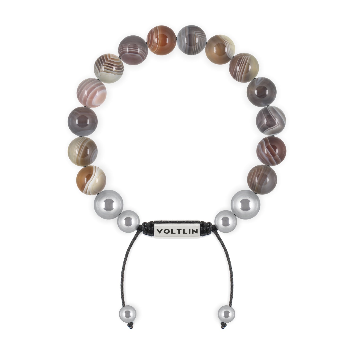 Top view of a 10mm Smooth Botswana Agate beaded shamballa bracelet with silver stainless steel logo bead made by Voltlin