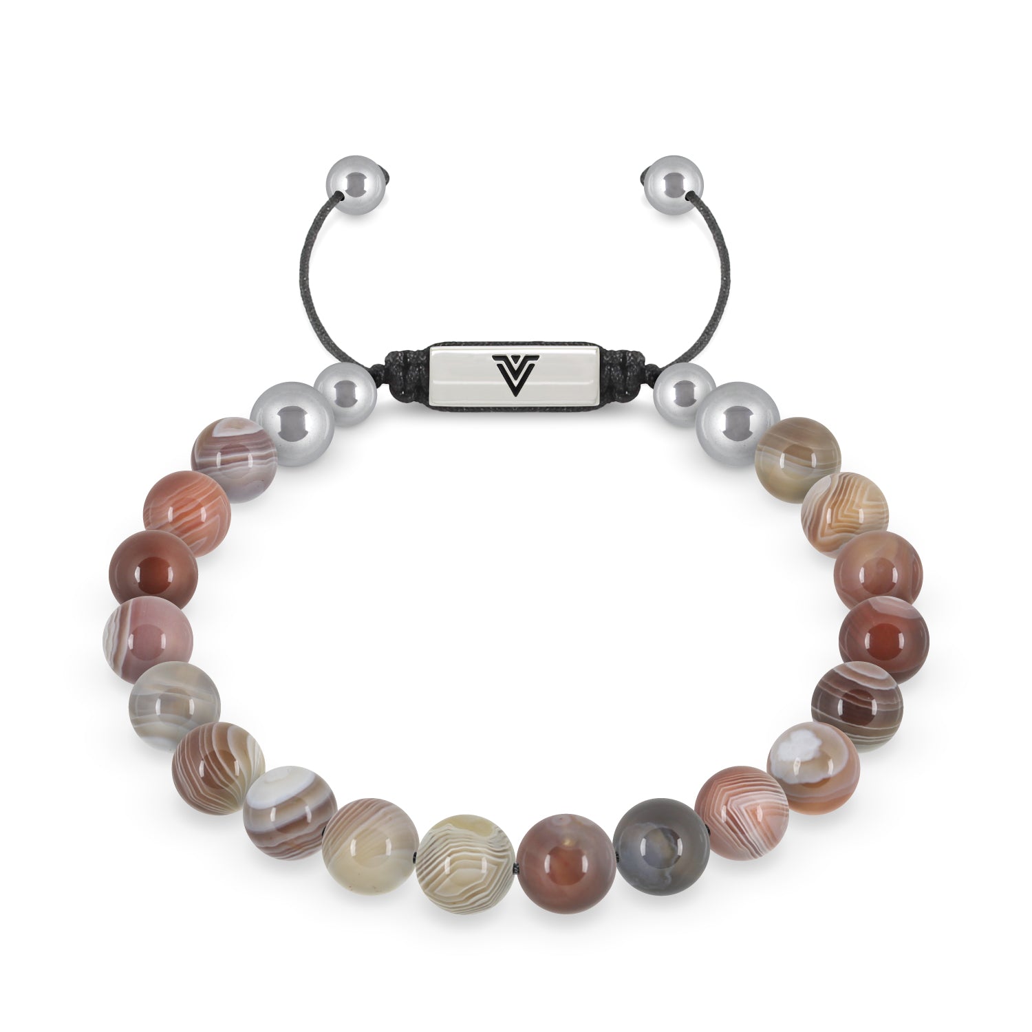 Front view of an 8mm Smooth Botswana Agate beaded shamballa bracelet with silver stainless steel logo bead made by Voltlin