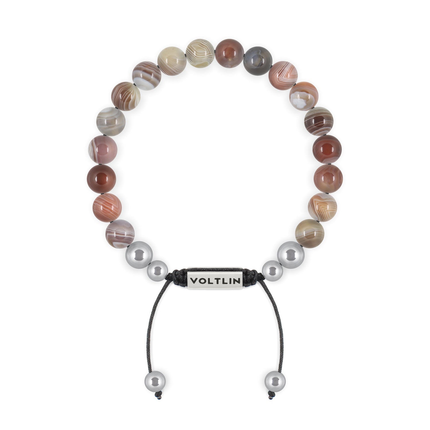 Front view of an 8mm Smooth Botswana Agate beaded shamballa bracelet with silver stainless steel logo bead made by Voltlin