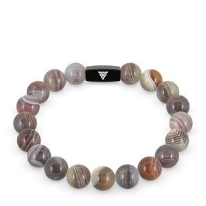 Front view of a 10mm Smooth Botswana Agate crystal beaded stretch bracelet with black stainless steel logo bead made by Voltlin