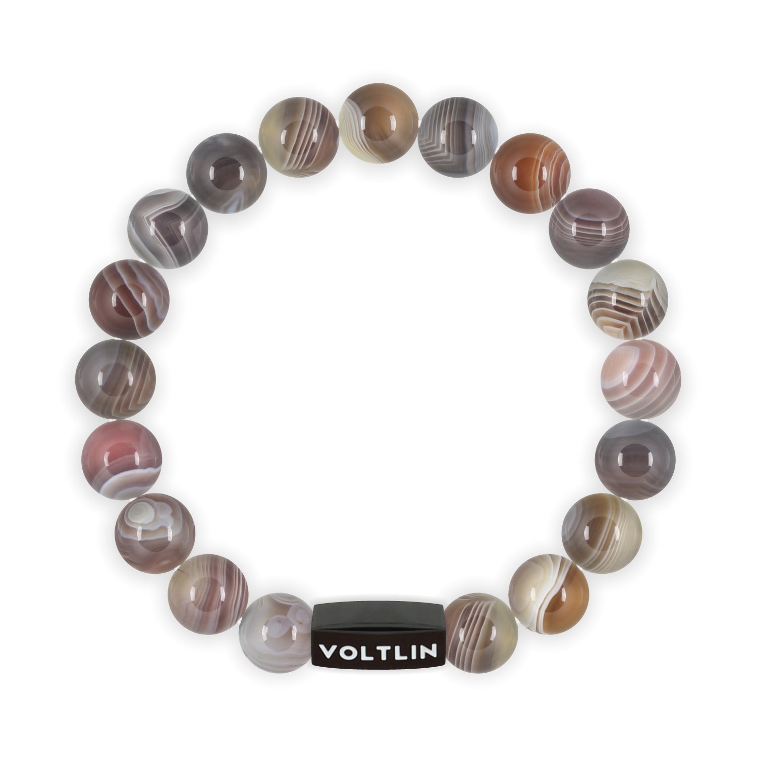 Top view of a 10mm Smooth Botswana Agate crystal beaded stretch bracelet with black stainless steel logo bead made by Voltlin