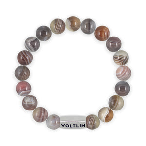 Top view of a 10mm Smooth Botswana Agate beaded stretch bracelet with silver stainless steel logo bead made by Voltlin