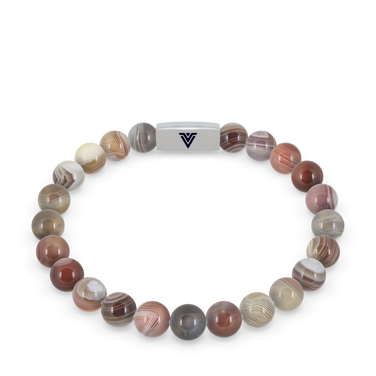 Front view of an 8mm Smooth Botswana Agate beaded stretch bracelet with silver stainless steel logo bead made by Voltlin