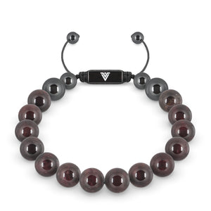 Front view of a 10mm Smooth Garnet crystal beaded shamballa bracelet with black stainless steel logo bead made by Voltlin