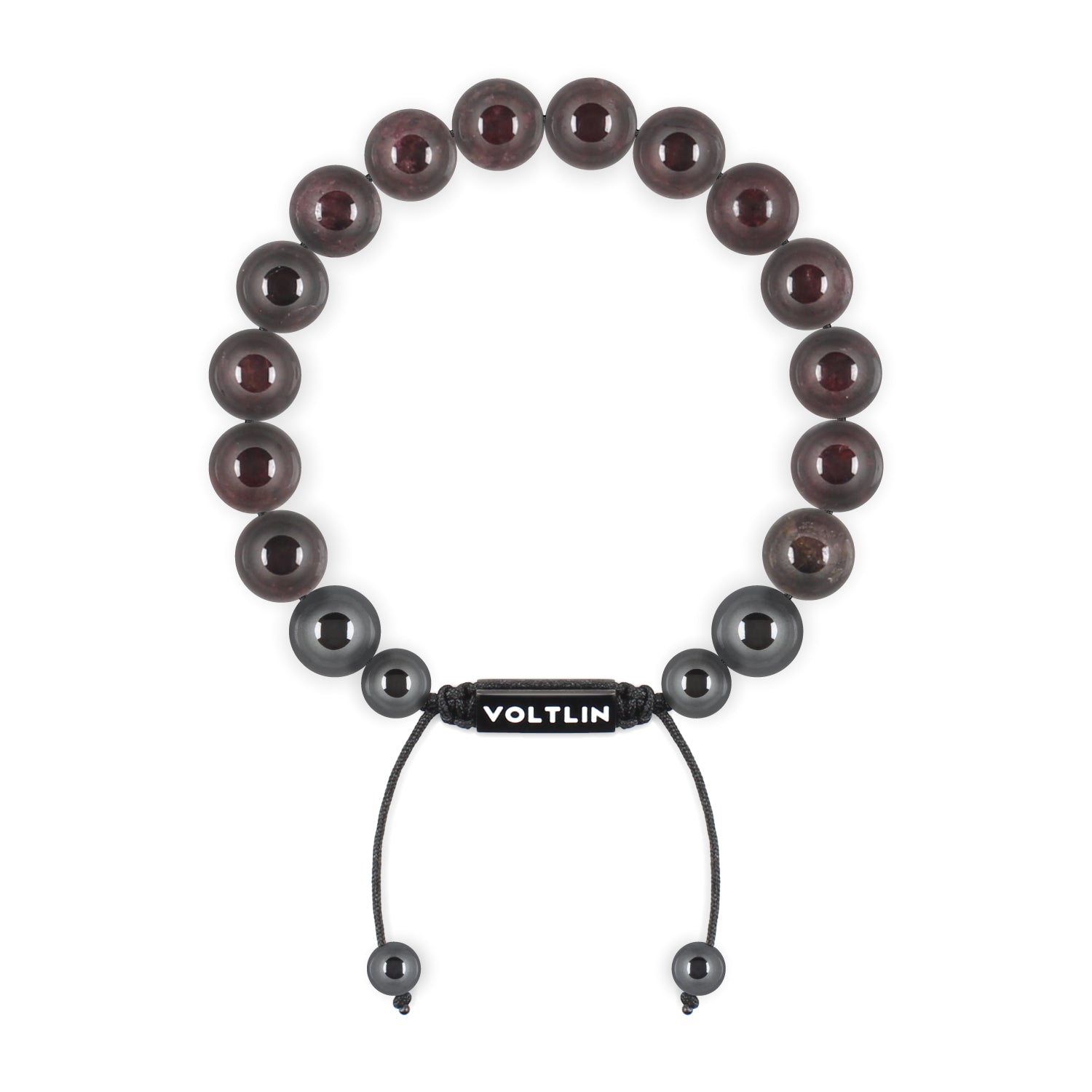 Top view of a 10mm Smooth Garnet crystal beaded shamballa bracelet with black stainless steel logo bead made by Voltlin