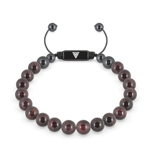 Front view of an 8mm Smooth Garnet crystal beaded shamballa bracelet with black stainless steel logo bead made by Voltlin