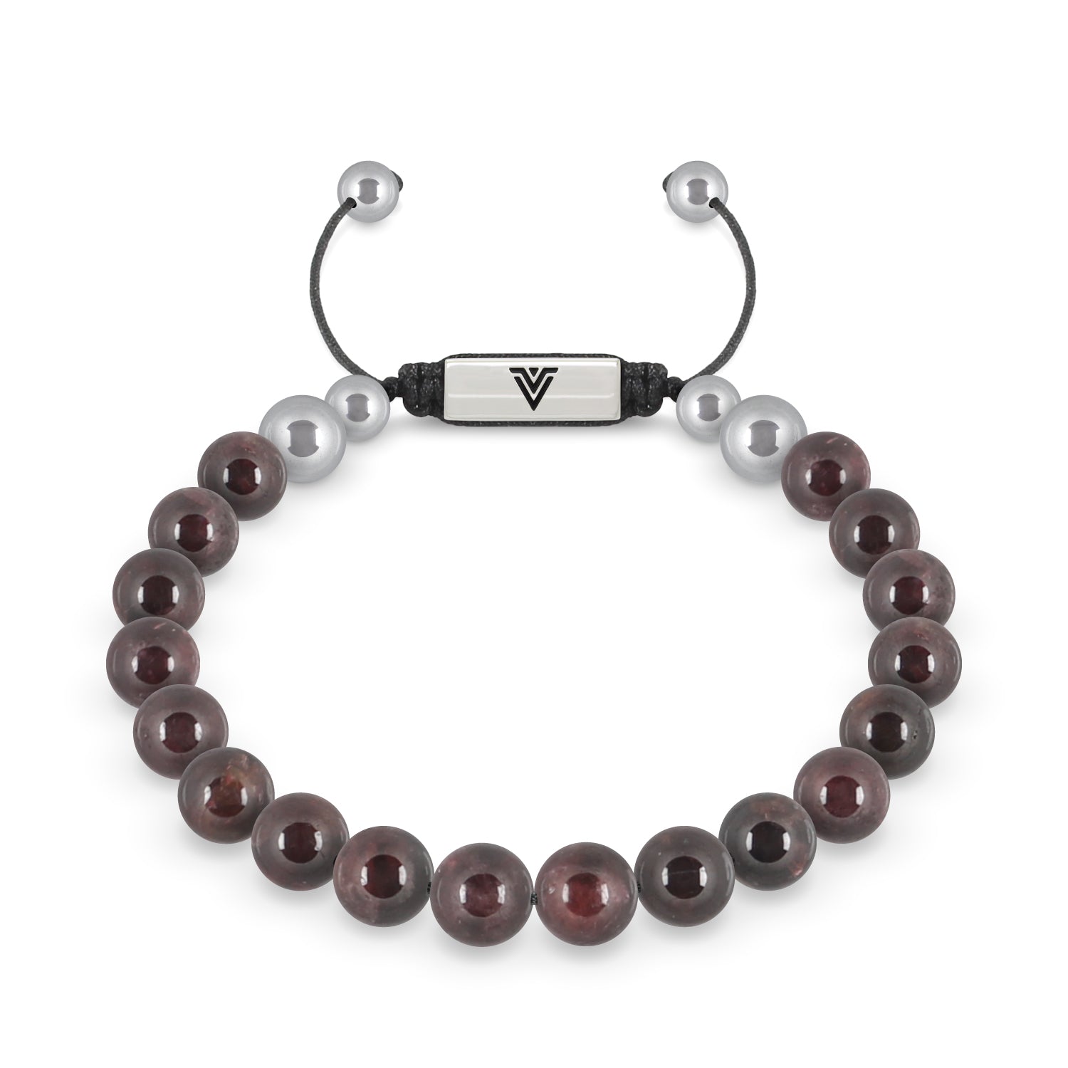Front view of an 8mm Smooth Garnet beaded shamballa bracelet with silver stainless steel logo bead made by Voltlin