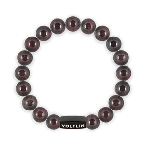 Top view of a 10mm Smooth Garnet crystal beaded stretch bracelet with black stainless steel logo bead made by Voltlin