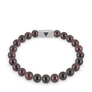 Front view of an 8mm Smooth Garnet Agate beaded stretch bracelet with silver stainless steel logo bead made by Voltlin