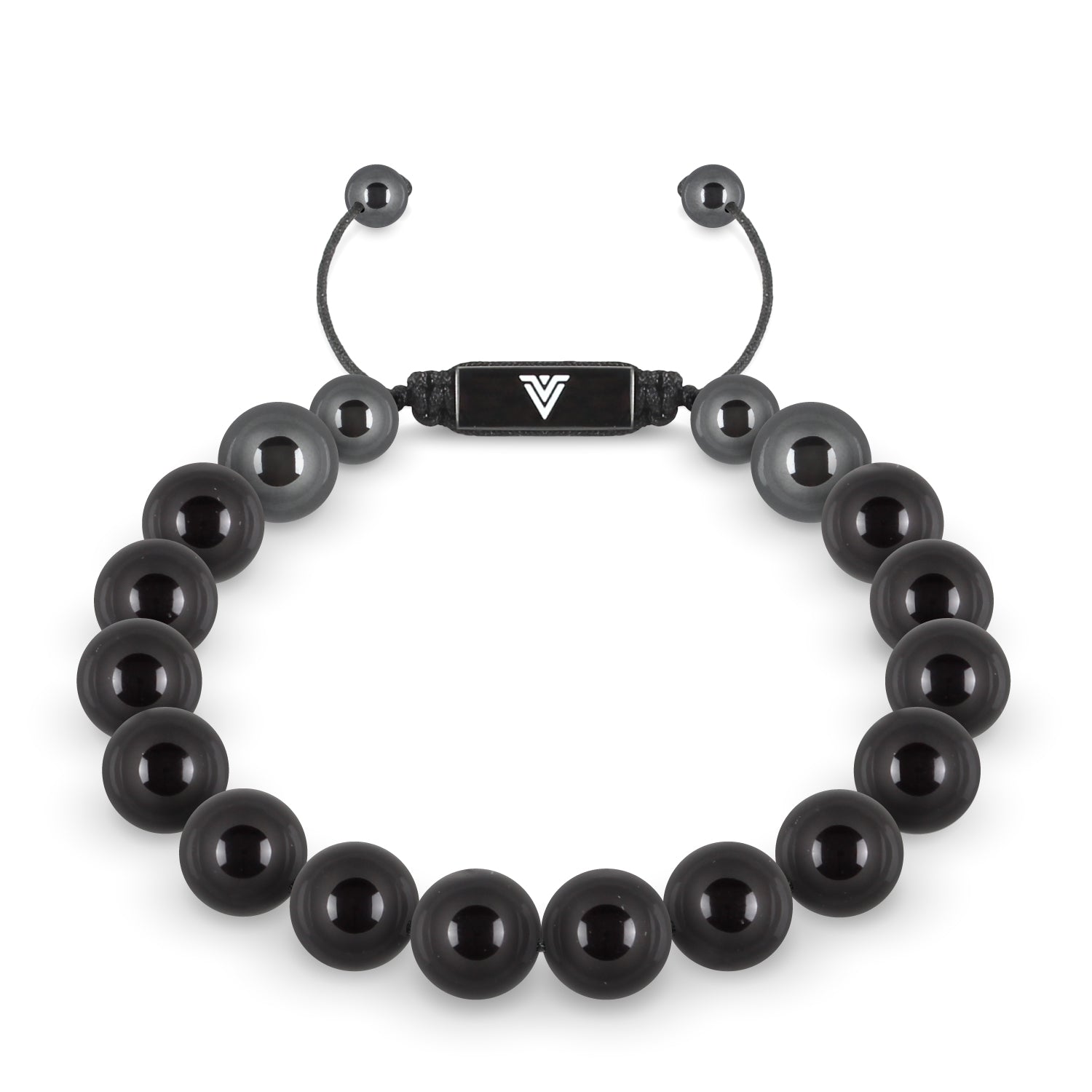 Front view of a 10mm Smooth Onyx crystal beaded shamballa bracelet with black stainless steel logo bead made by Voltlin