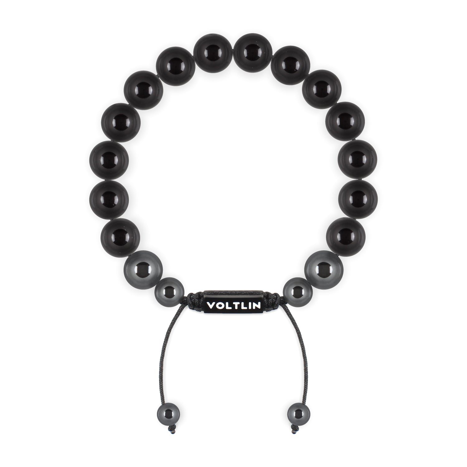 Top view of a 10mm Smooth Onyx crystal beaded shamballa bracelet with black stainless steel logo bead made by Voltlin