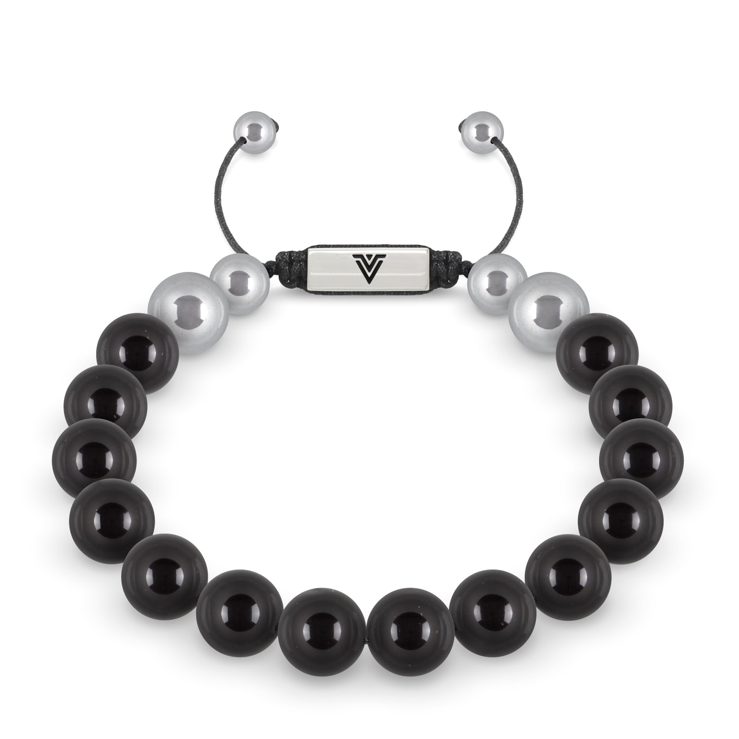 Front view of a 10mm Smooth Onyx beaded shamballa bracelet with silver stainless steel logo bead made by Voltlin