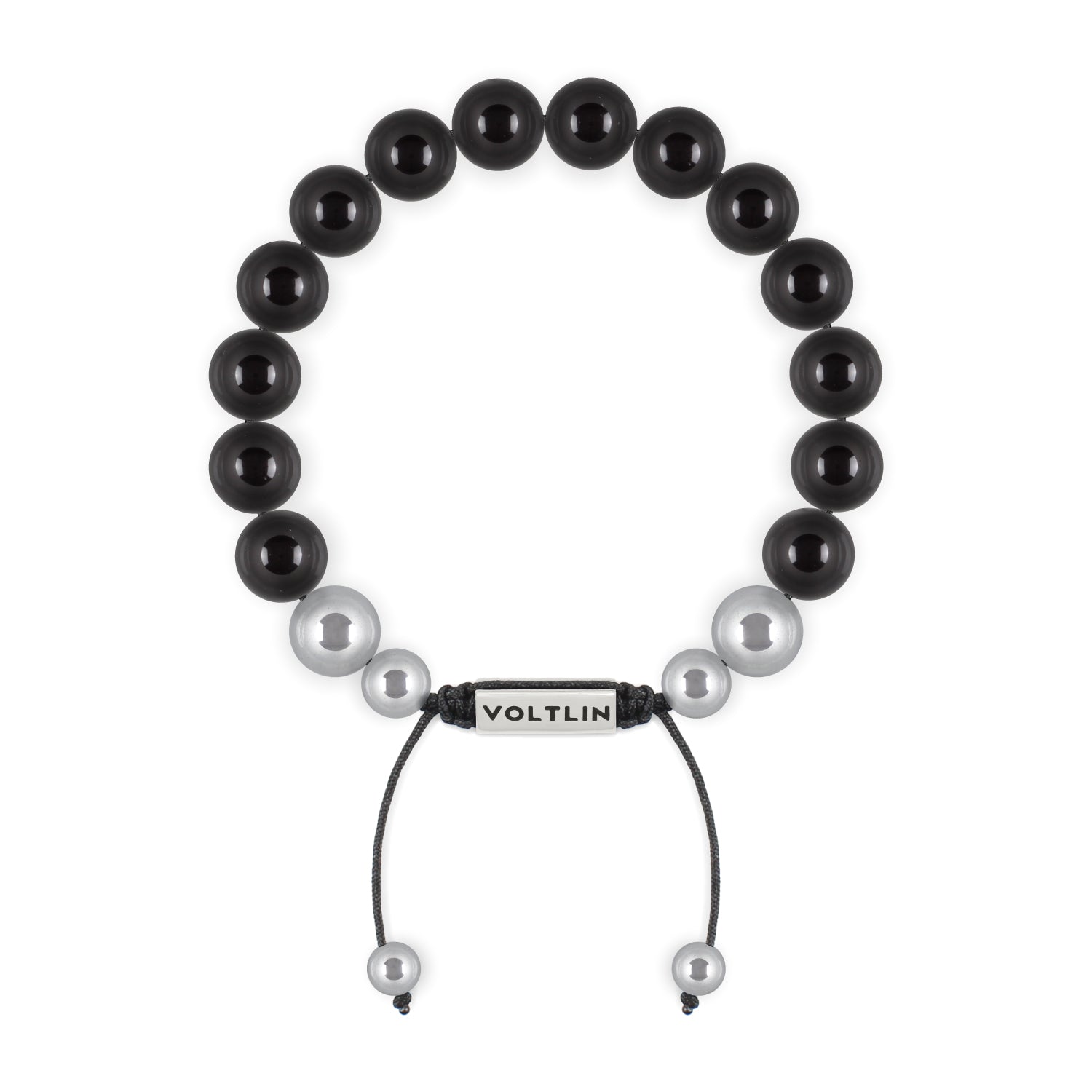 Top view of a 10mm Smooth Onyx beaded shamballa bracelet with silver stainless steel logo bead made by Voltlin