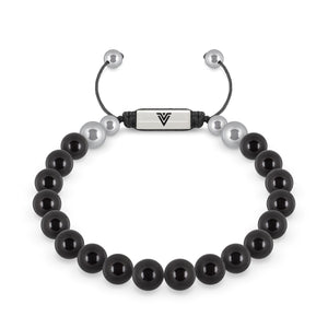Front view of an 8mm Smooth Onyx beaded shamballa bracelet with silver stainless steel logo bead made by Voltlin