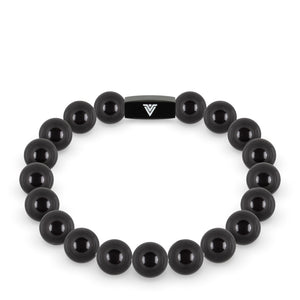 Front view of a 10mm Smooth Onyx crystal beaded stretch bracelet with black stainless steel logo bead made by Voltlin