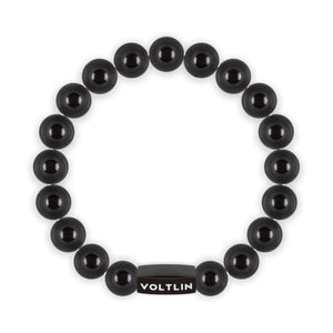 Top view of a 10mm Smooth Onyx crystal beaded stretch bracelet with black stainless steel logo bead made by Voltlin