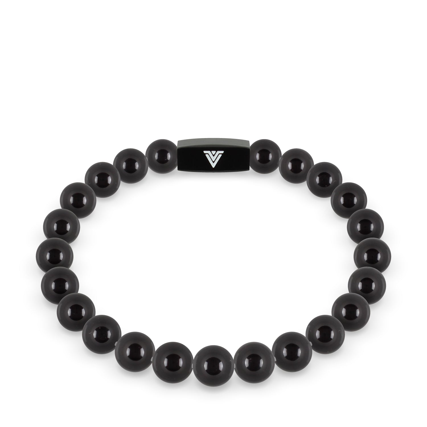 Front view of an 8mm Smooth Onyx crystal beaded stretch bracelet with black stainless steel logo bead made by Voltlin