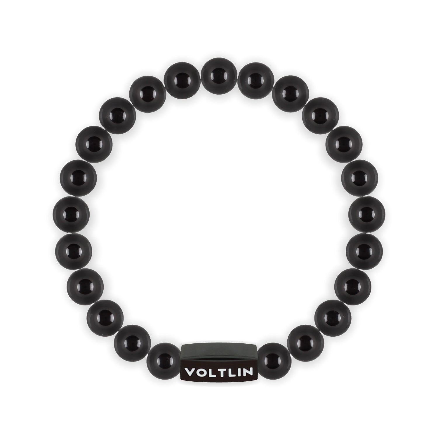 Front view of an 8mm Smooth Onyx crystal beaded stretch bracelet with black stainless steel logo bead made by Voltlin