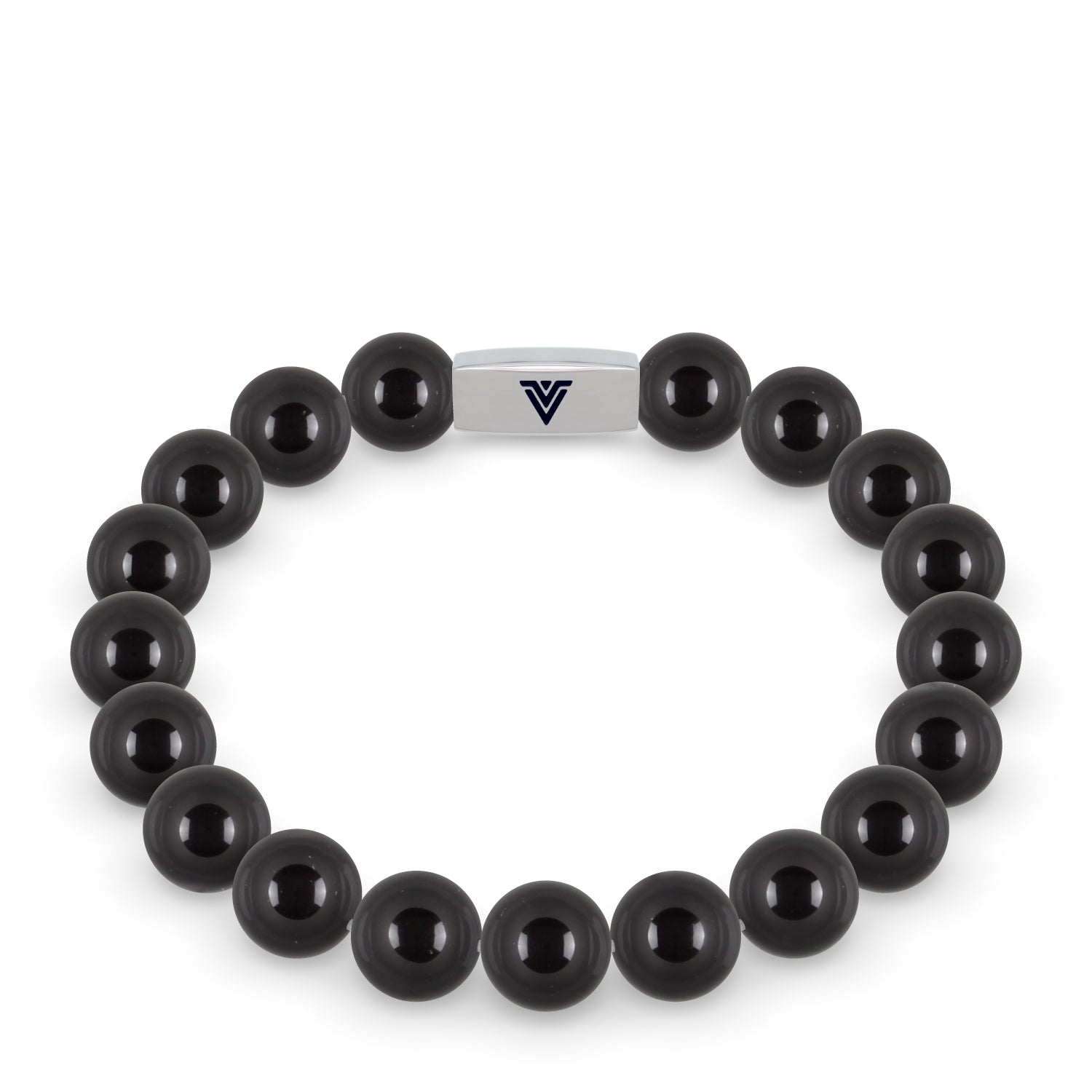 Front view of a 10mm Smooth Onyx beaded stretch bracelet with silver stainless steel logo bead made by Voltlin