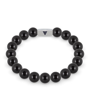 Front view of a 10mm Smooth Onyx beaded stretch bracelet with silver stainless steel logo bead made by Voltlin