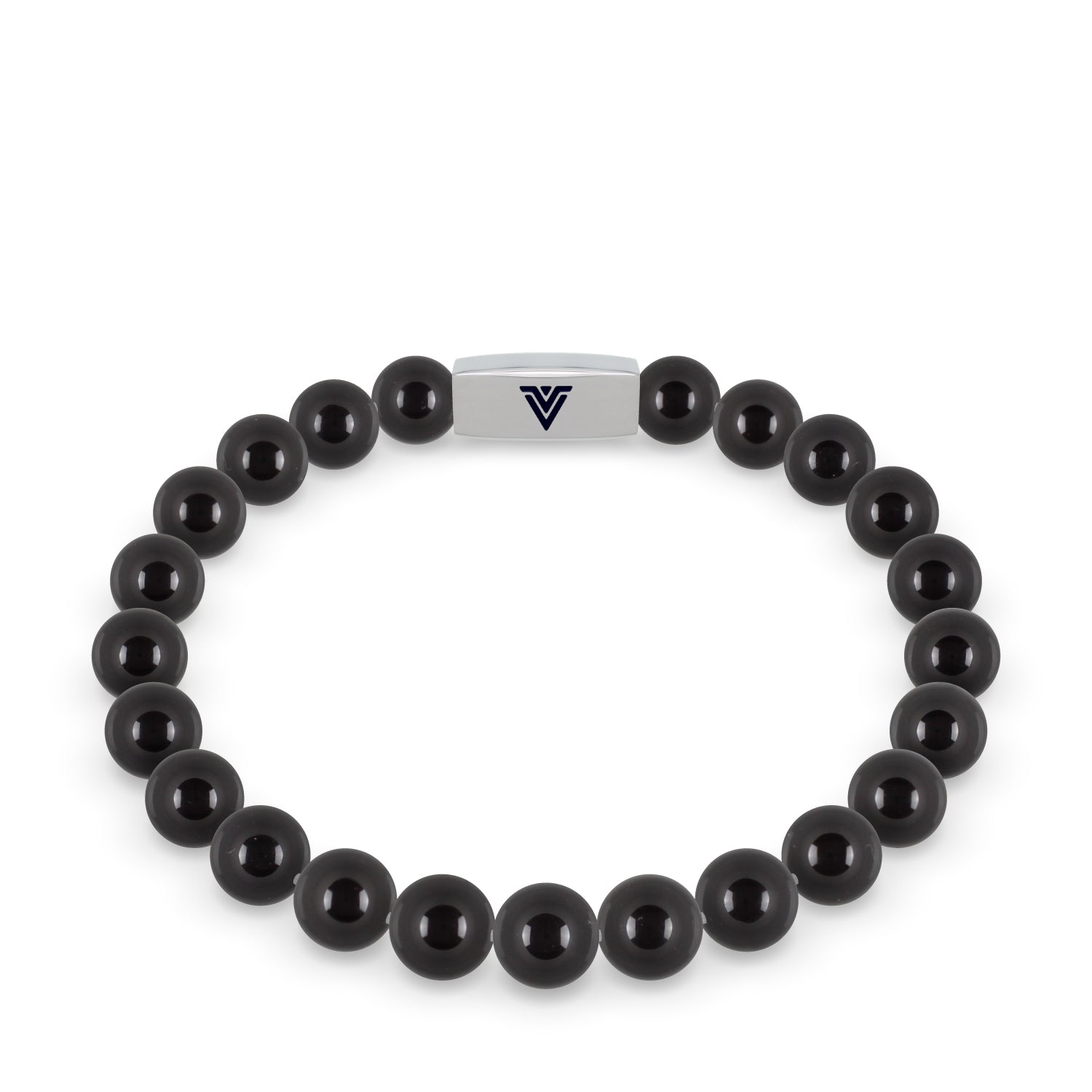 Front view of an 8mm Smooth Onyx beaded stretch bracelet with silver stainless steel logo bead made by Voltlin