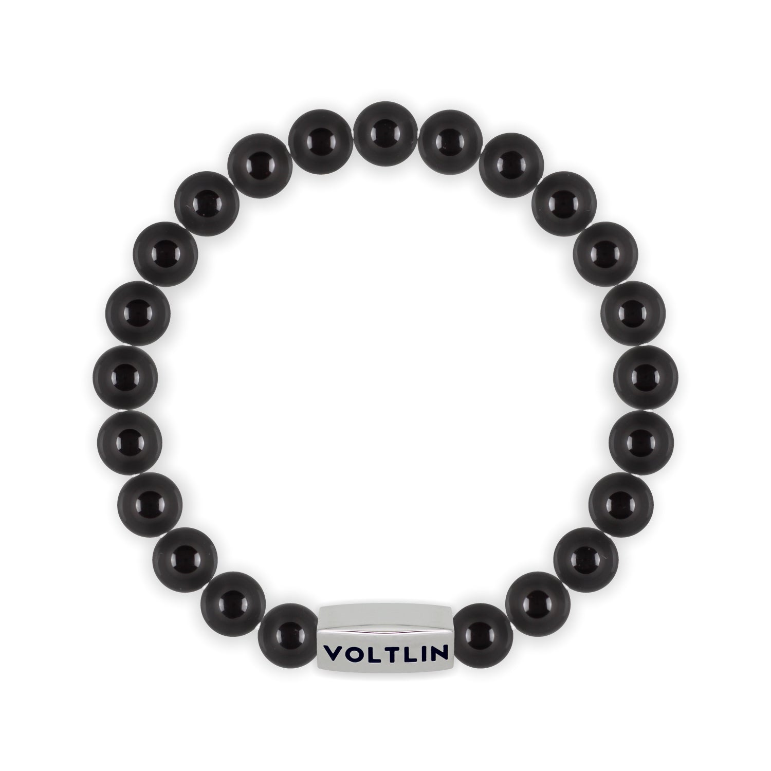 Top view of an 8mm Smooth Onyx beaded stretch bracelet with silver stainless steel logo bead made by Voltlin