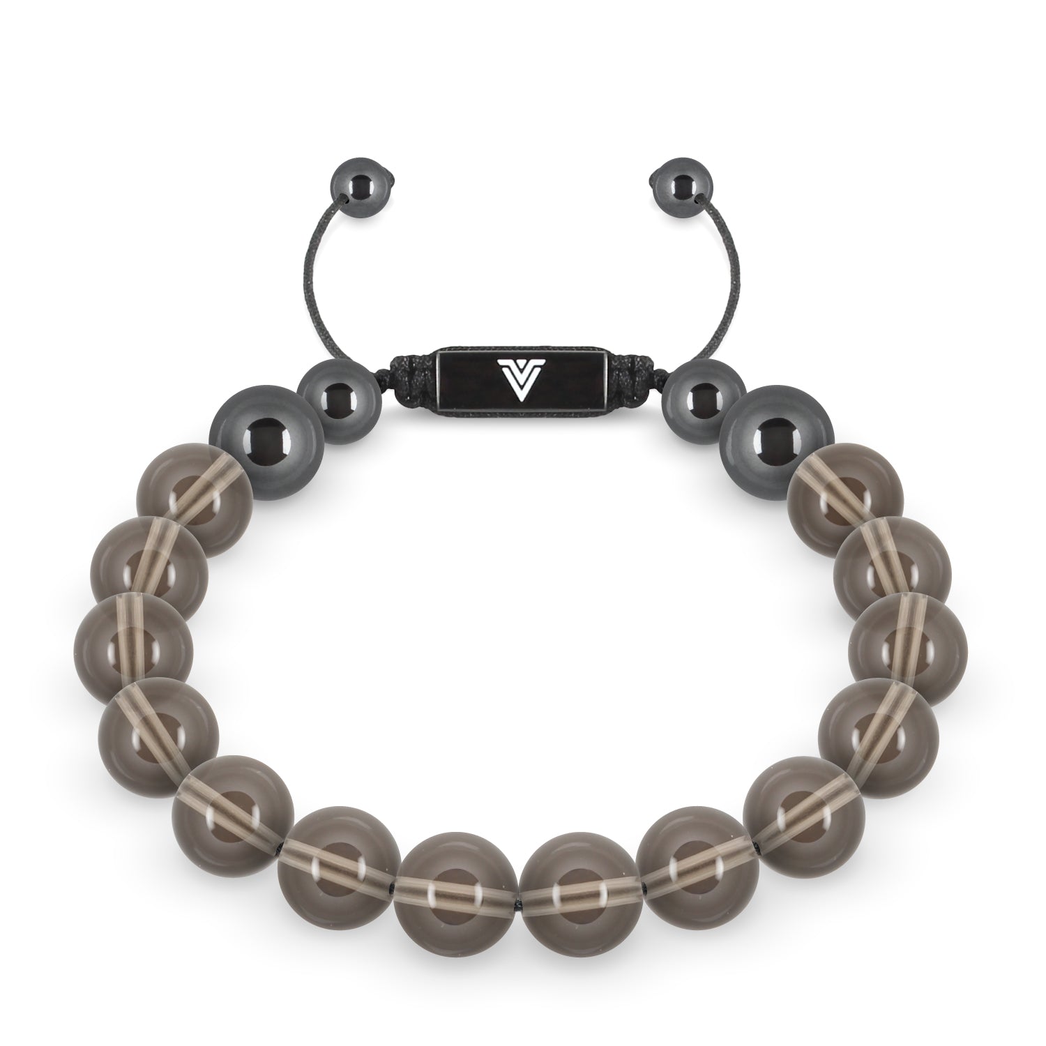Front view of a 10mm Smooth Smoky Quartz crystal beaded shamballa bracelet with black stainless steel logo bead made by Voltlin