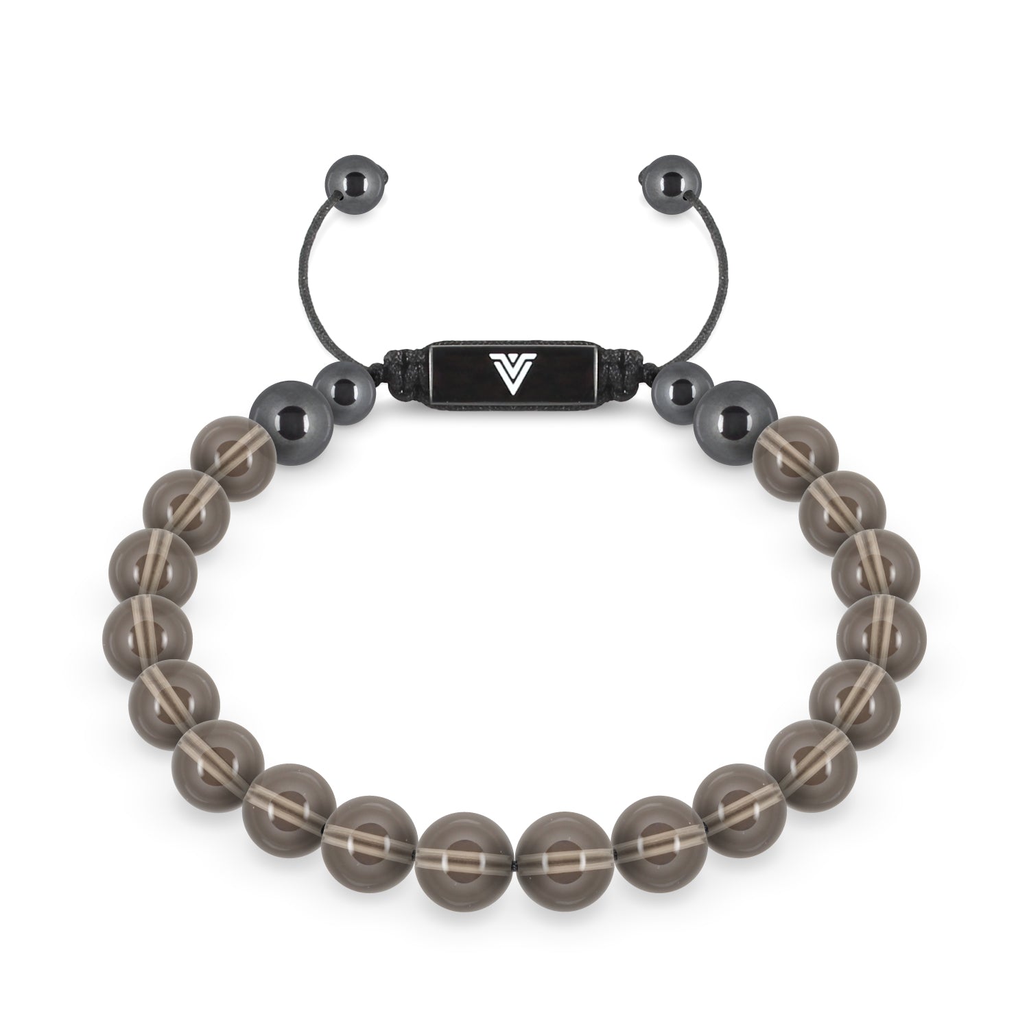 Front view of an 8mm Smooth Smoky Quartz crystal beaded shamballa bracelet with black stainless steel logo bead made by Voltlin