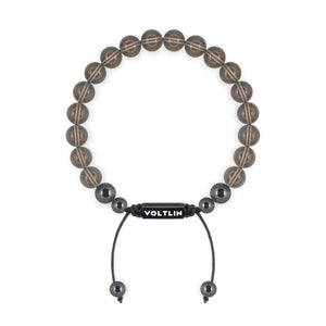 Top view of an 8mm Smooth Smoky Quartz crystal beaded shamballa bracelet with black stainless steel logo bead made by Voltlin