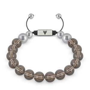 Front view of a 10mm Smooth Smoky Quartz beaded shamballa bracelet with silver stainless steel logo bead made by Voltlin