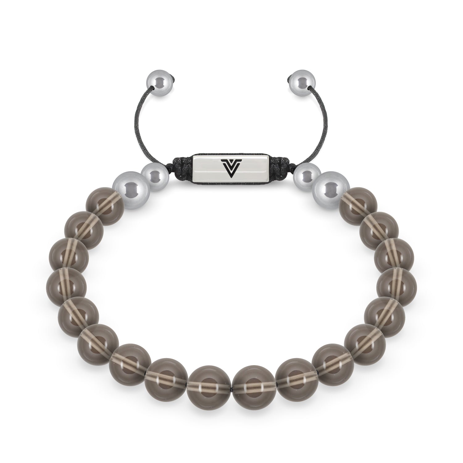 Front view of an 8mm Smooth Smoky Quartz beaded shamballa bracelet with silver stainless steel logo bead made by Voltlin