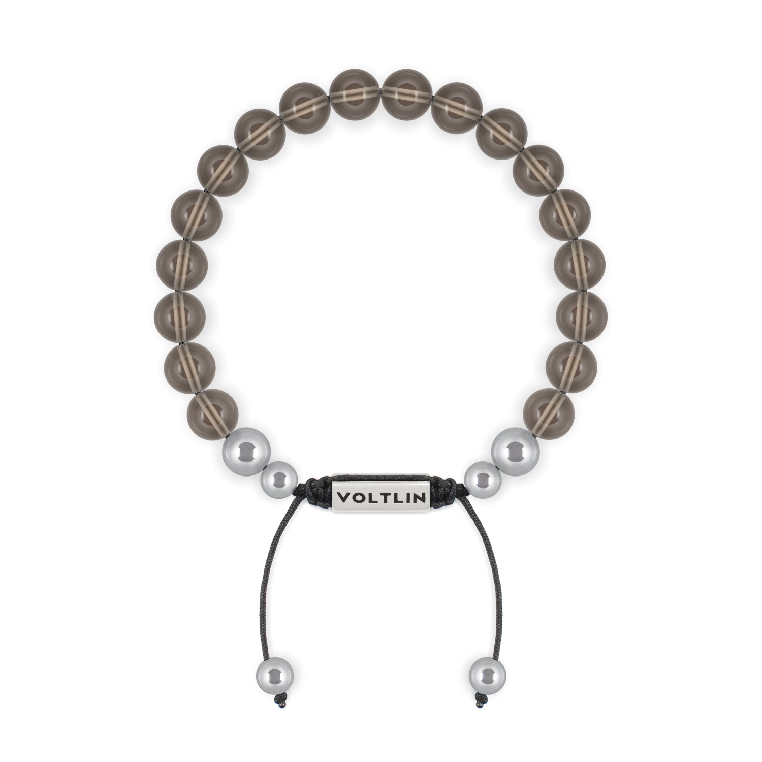 Top view of an 8mm Smooth Smoky Quartz beaded shamballa bracelet with silver stainless steel logo bead made by Voltlin