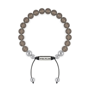 Top view of an 8mm Smooth Smoky Quartz beaded shamballa bracelet with silver stainless steel logo bead made by Voltlin