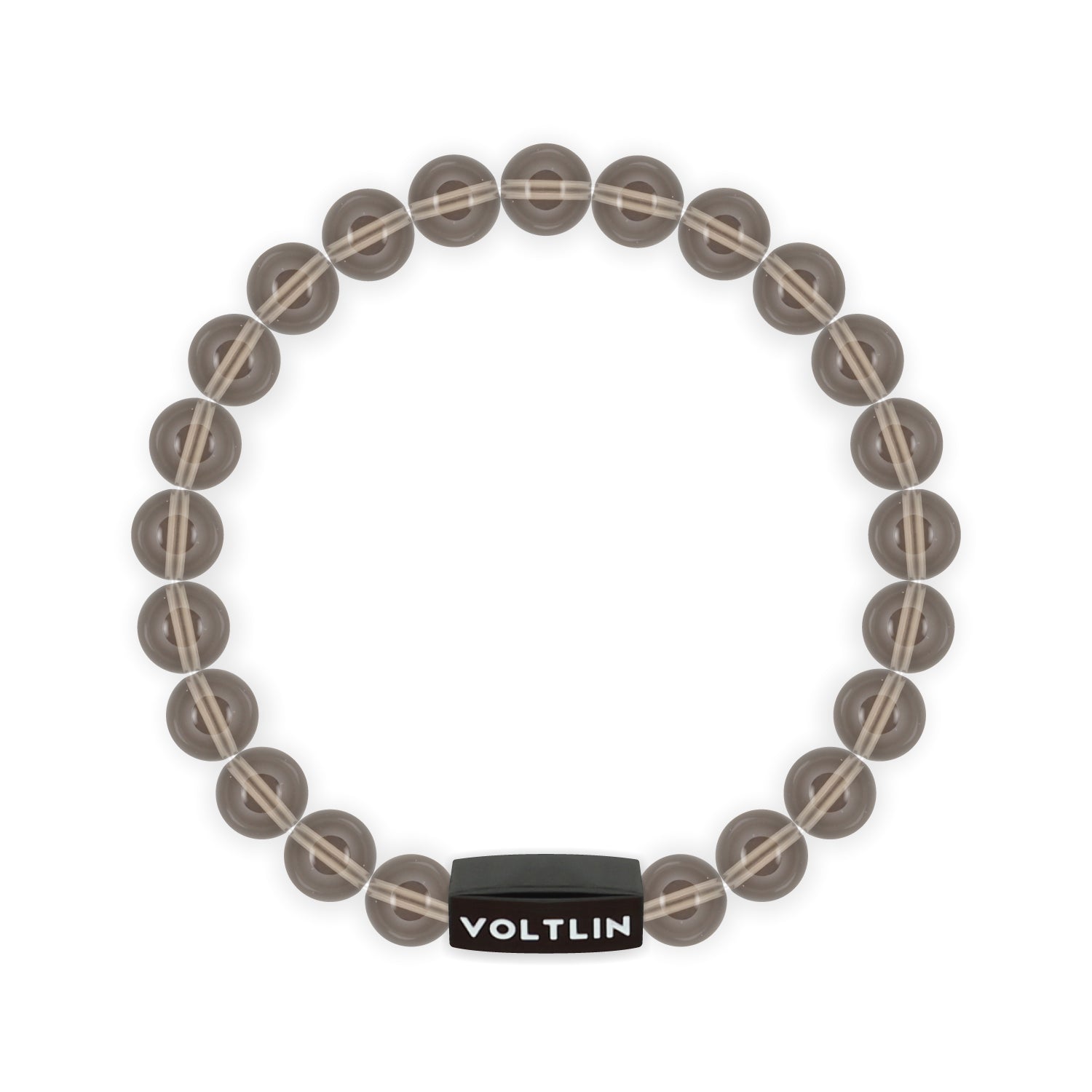 Top view of an 8mm Smooth Smoky Quartz crystal beaded stretch bracelet with black stainless steel logo bead made by Voltlin