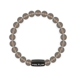 Top view of an 8mm Smooth Smoky Quartz crystal beaded stretch bracelet with black stainless steel logo bead made by Voltlin