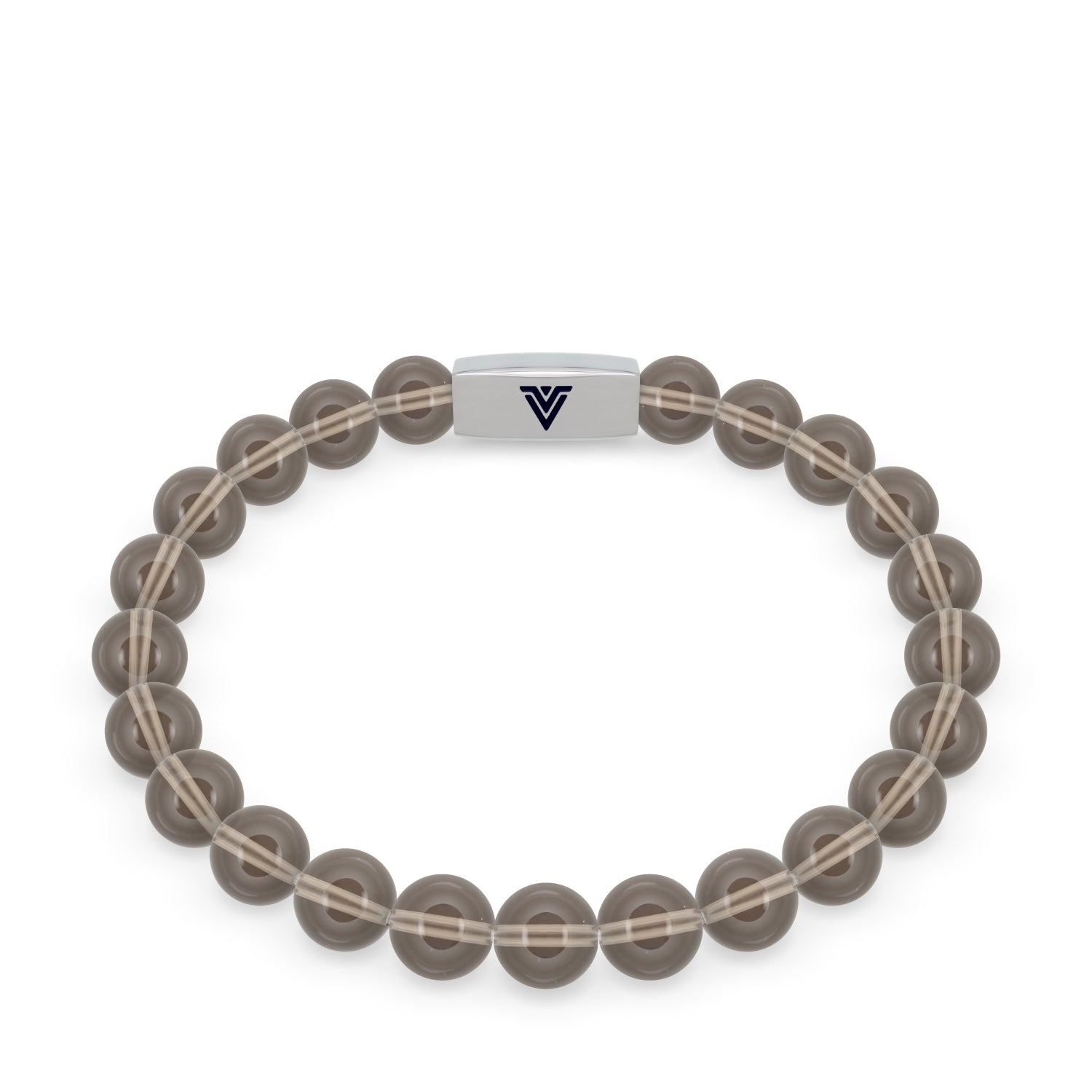 Front view of an 8mm Smoky Quartz beaded stretch bracelet with silver stainless steel logo bead made by Voltlin