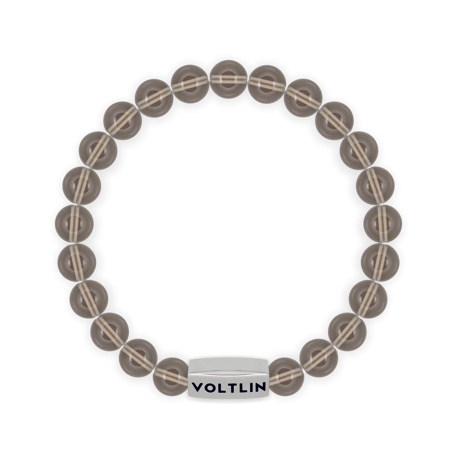 Top view of an 8mm Smoky Quartz beaded stretch bracelet with silver stainless steel logo bead made by Voltlin