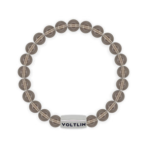 Top view of an 8mm Smoky Quartz beaded stretch bracelet with silver stainless steel logo bead made by Voltlin