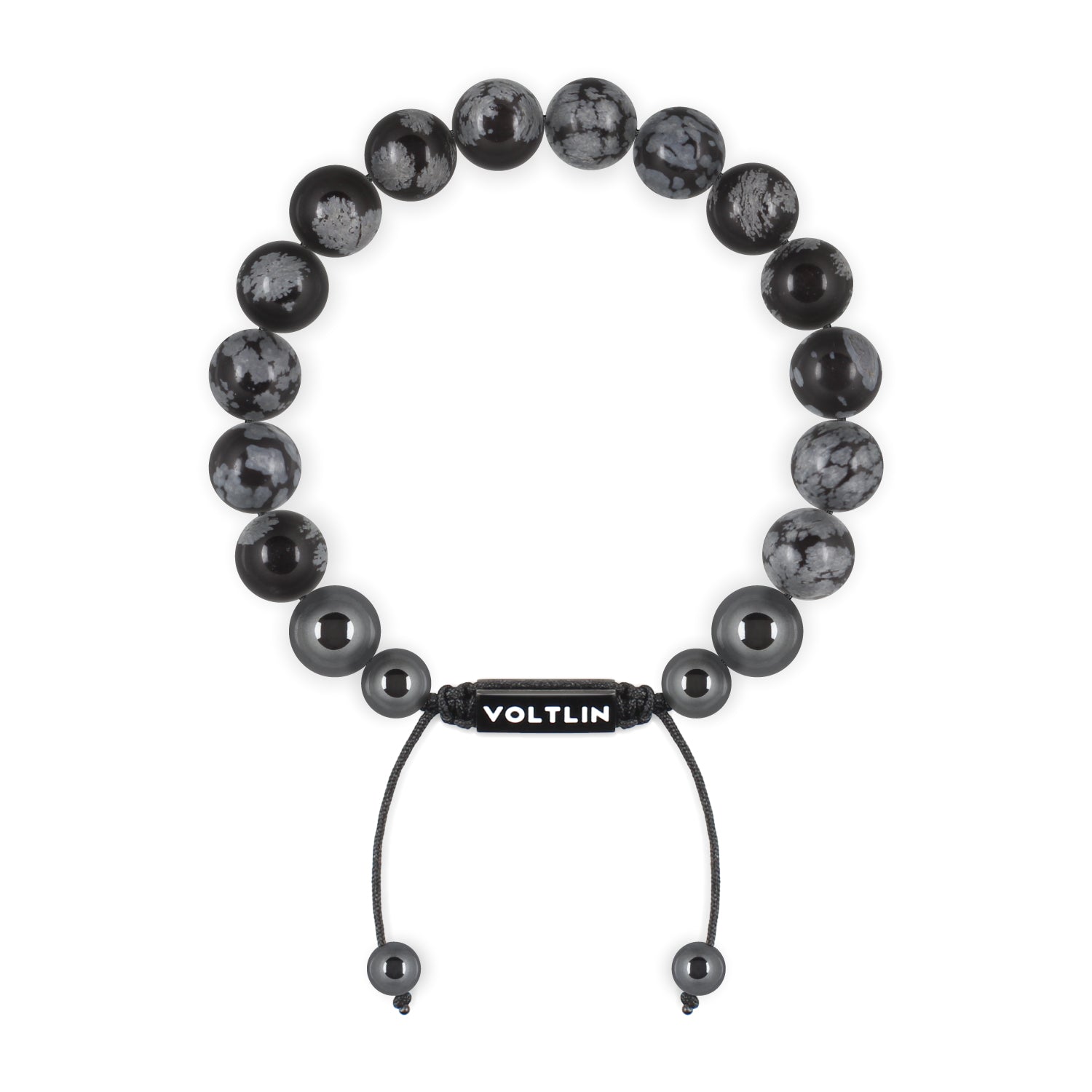 Top view of a 10mm Snowflake Obsidian crystal beaded shamballa bracelet with black stainless steel logo bead made by Voltlin