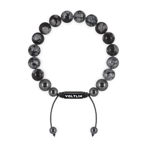 Top view of a 10mm Snowflake Obsidian crystal beaded shamballa bracelet with black stainless steel logo bead made by Voltlin
