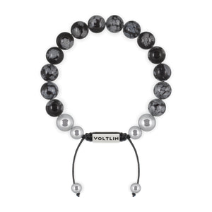 Top view of a 10mm Snowflake Obsidian beaded shamballa bracelet with silver stainless steel logo bead made by Voltlin