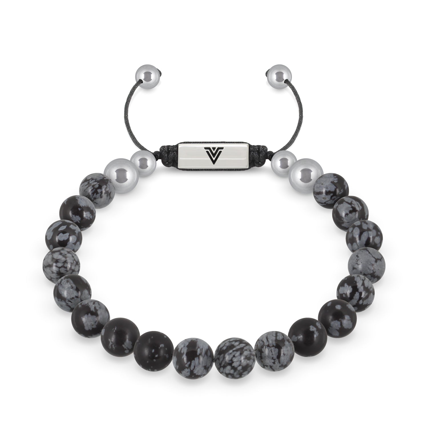 Front view of an 8mm Snowflake Obsidian beaded shamballa bracelet with silver stainless steel logo bead made by Voltlin