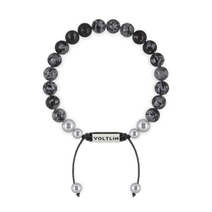 Top view of an 8mm Snowflake Obsidian beaded shamballa bracelet with silver stainless steel logo bead made by Voltlin