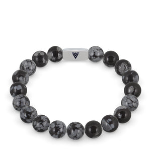 Front view of a 10mm Snowflake Obsidian beaded stretch bracelet with silver stainless steel logo bead made by Voltlin