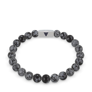 Front view of an 8mm Snowflake Obsidian beaded stretch bracelet with silver stainless steel logo bead made by Voltlin