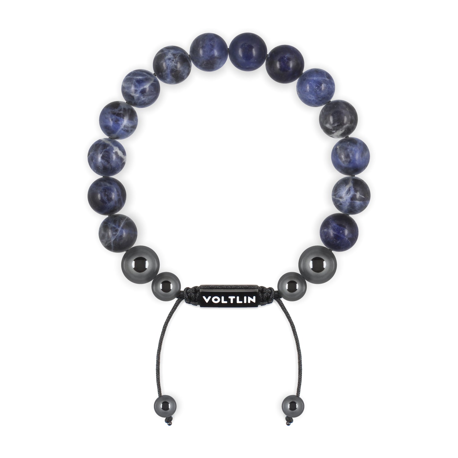 Top view of a 10mm Sodalite crystal beaded shamballa bracelet with black stainless steel logo bead made by Voltlin